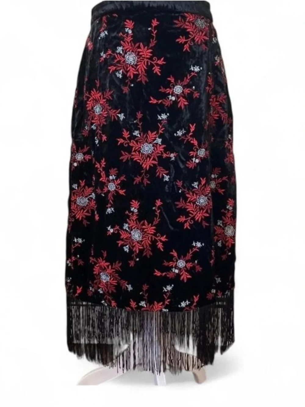 Maeve by Anthropologie Black Velvet Red Floral Embroidery Pencil Fringe Skirt - Picture 2 of 13